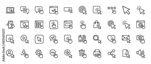 Click and gesture line icon set. Vector pictograms of cursor, hand pointer, touch, tap, computer mouse, website button, laptop, search and mobile, thin outline illustration.