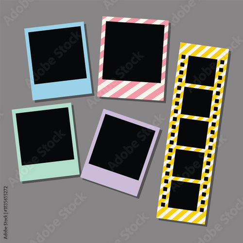 Cute Colorful Polaroid Frames with Film Strip – Retro Aesthetic Photo Template – Vector Illustration