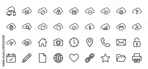 Cloud computing and business line icon set. Vector pictograms of server, calendar, email, and location, thin outline illustration.
