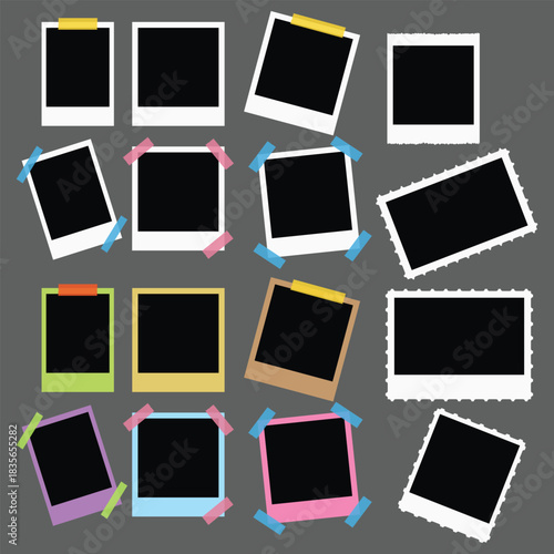 Large Set of Polaroid Photo Frames with Tape – Mixed Colors and Styles – Vector Illustration