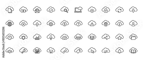 Cloud computing line icon set. Vector pictograms of transfer, security, backup, sync, and storage, thin outline illustration.