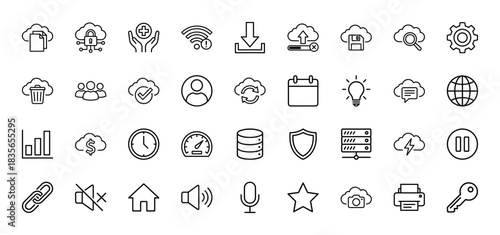 Information technology and cloud computing line icon set. Vector pictograms of download, upload, key, data, and security, thin outline illustration.