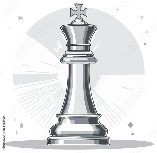 Silver King Chess Piece in Dramatic Light Rays and Stars