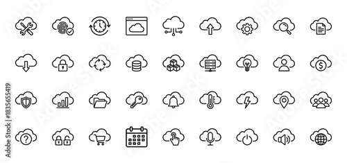 Cloud computing line icon set. Vector pictograms of data transfer, security, server, and settings, thin outline illustration.
