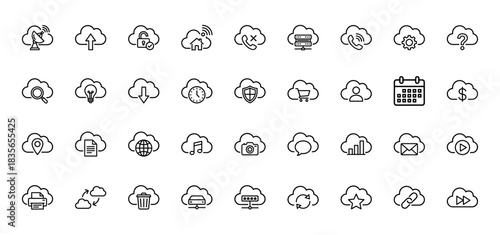 Cloud computing line icon set. Vector pictograms of data security, network, download, upload, and server, thin outline illustration.