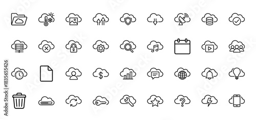 Cloud computing line icon set. vector pictograms of data storage, security, weather, sync, and development, thin outline illustration.