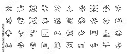 Business line icon set. Vector pictograms of teamwork, partnership, organizational structure, planning, and process flow, thin outline illustration.