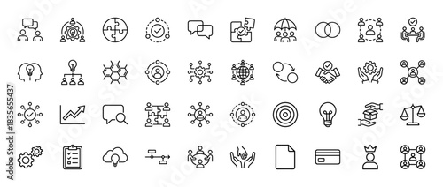 Business management and teamwork line icon set. Vector pictograms of puzzle, gear, target, handshake, bulb, meeting, network and hierarchy, thin outline illustration.