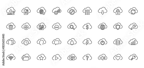 Cloud computing line icon set. Vector pictograms of data upload, security, calendar, storage, and analytics, thin outline illustration.