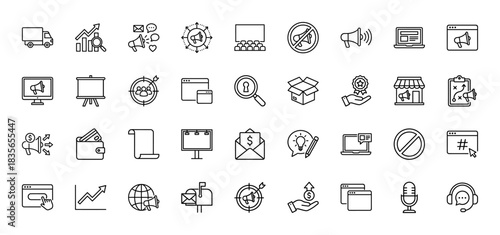 Marketing and advertising line icon set. Vector pictograms of truck, chart, loudspeaker, target, billboard, and headset, thin outline illustration.