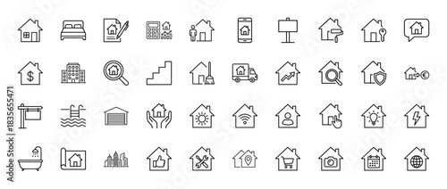 Real estate line icon set. Vector pictograms of house, key, money, pool, calculator, bed, and property investment, thin outline illustration.