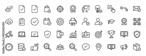 Business and productivity line icon set. Vector pictograms of document check, certification, calendar, and delivery box, thin outline illustration.