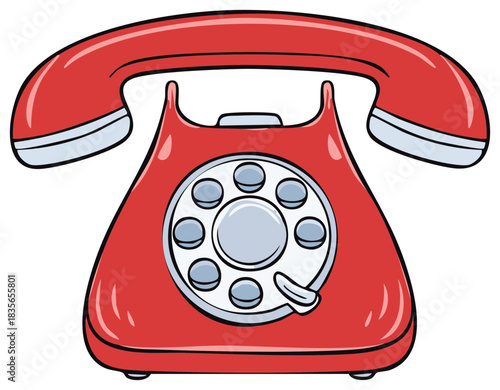 Cartoon illustration of a red vintage telephone with dial