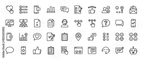 Customer feedback and survey line icon set. Vector pictograms of review, rating, chat, heart click, and checklist, thin outline illustration.