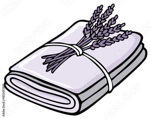 Folded Lavender Fabric Tied With Lavender Stems and Ribbon