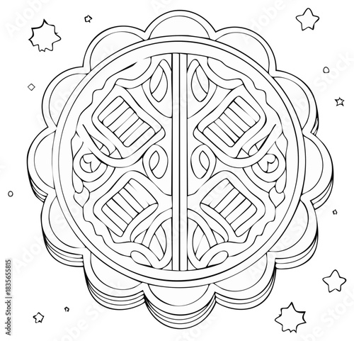 Intricate Abstract Mandala Gate Design with Whimsical Stars Outline Coloring Page
