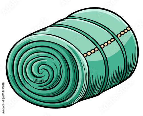 Teal green rolled sleeping bag or camping mat for outdoor adventure