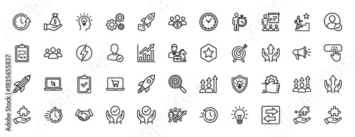 Business and strategy line icon set. Vector pictograms of teamwork, startup rocket, growth chart, money, and time, thin outline illustration.
