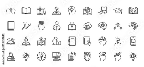 Education and learning line icon set. vector pictograms of books, graduation cap, light bulbs, and brain, thin outline illustration.
