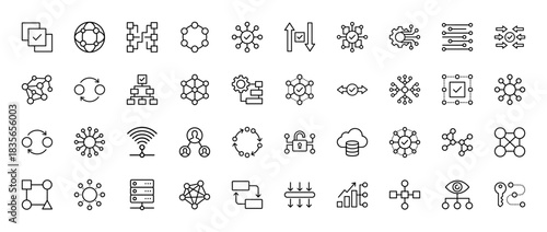 Decentralized technology line icon set. Vector pictograms of blockchain, network, data transfer, nodes, and distributed system concepts, thin outline illustration.