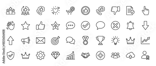 Business and social media line icon set. Vector pictograms of feedback, achievement, communication, and analytics, thin outline illustration.