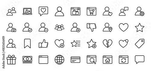 Social media and e-commerce outline icon set. Vector pictograms of user profiles, shopping cart, heart, gift, money, and website elements, thin outline illustration.