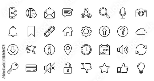Universal user interface line icon set. Vector pictograms of settings, communication, navigation, and media, thin outline illustration.