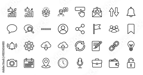 User interface and web navigation line icon set. Vector pictograms of settings, calendar, camera, share, and mail, thin outline illustration.