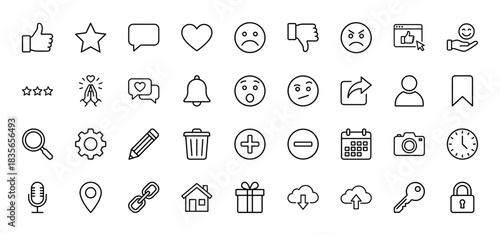 Interface and communication line icon set. Vector pictograms of thumbs up, star, bell, calendar, search, and heart, thin outline illustration.