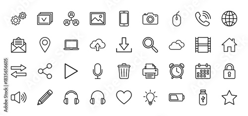Technology and communication line icon set. Vector pictograms of settings, camera, globe, mail, and calendar, thin outline illustration.