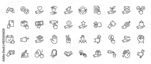 Business and social interaction line icon set. Vector pictograms of handshake, payment, calendar, and delivery, thin outline illustration.