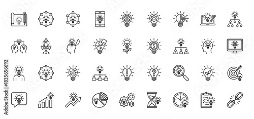 Creative idea generation line icon set. Vector pictograms of light bulbs, brainstorming, gear, and solution concepts, thin outline illustration.