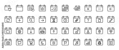 Date and time management line icon set. Vector pictograms of calendar, clock, notification, search, and settings, thin outline illustration.