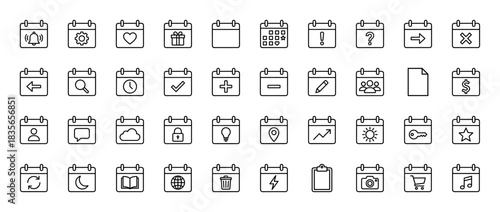 Business and productivity line icon set. Vector pictograms of calendar, clock, graph, shopping cart, and settings, thin outline illustration.