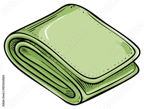 Hand drawn cartoon illustration of a neatly folded green towel or blanket