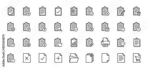 Office documents and paperwork line icon set. Vector pictograms of clipboard, file, folder, report, and task checklist, thin outline illustration.