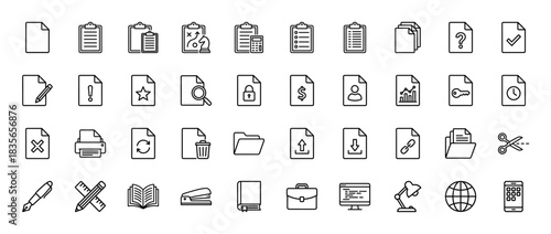 Business and office document line icon set. Vector pictograms of paper, clipboard, folder, and tools, thin outline illustration.