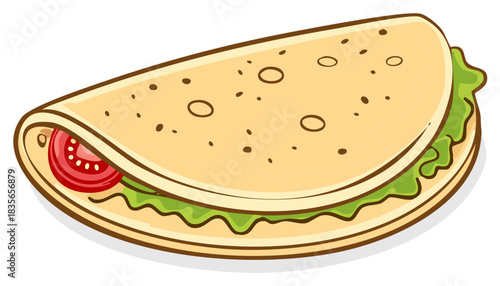 Simple cartoon illustration of a fresh flatbread wrap with tomato and lettuce