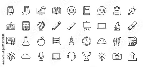Education line icon set. Vector pictograms of book, globe, graduation cap, school, pencil, microscope, diploma, calculator and apple, thin outline illustration.