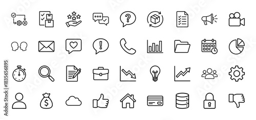 Business line icon set. vector pictograms of strategy, delivery, analytics, communication, and finance, thin outline illustration.