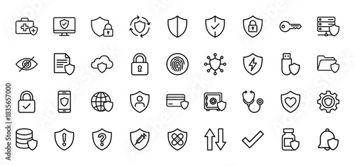 Cybersecurity line icon set. Vector pictograms of shield, lock, key, server, document, and network protection, thin outline illustration.