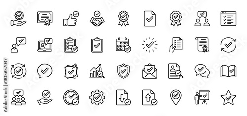 Quality assurance and approval line icon set. Vector pictograms of document, certificate, checklist, calendar, and check mark, thin outline illustration.