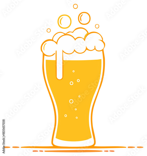 Illustration of a full beer glass with overflowing foam and bubbles in orange color