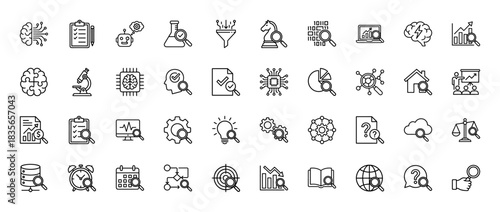 Data analysis and science line icon set. Vector pictograms of research, brain, funnel, charts, and optimization, thin outline illustration.