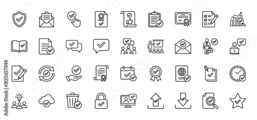 Approval and confirmation line icon set. Vector pictograms of document, certificate, checklist, shield, and calendar, thin outline illustration.