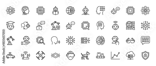 Artificial intelligence line icon set. Vector pictograms of robotics, machine learning, brain, and neural network, thin outline illustration.