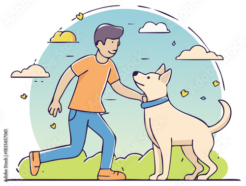 Young man lovingly petting his happy dog outdoors in a sunny park illustration