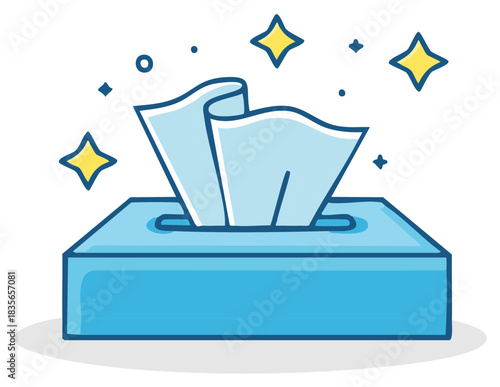 Blue tissue box with a fresh clean tissue and sparkling elements illustration