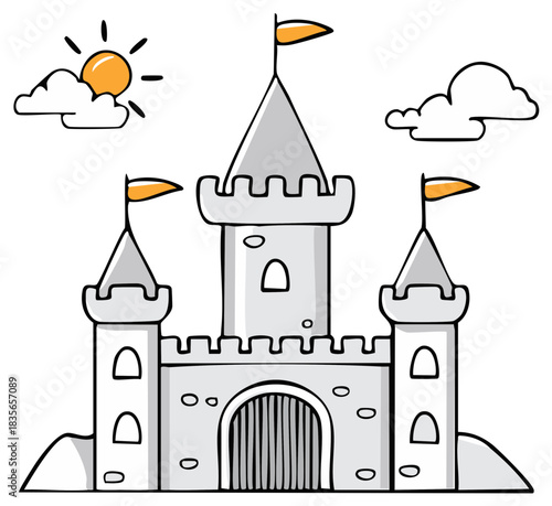 Hand-drawn style Illustration: Cute cartoon-style fairy tale castle with towers, flags, sun and clouds against a white background.