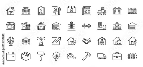 Real estate and property line icon set. Vector pictograms of house, building, contract, billboard, and toolbox, thin outline illustration.